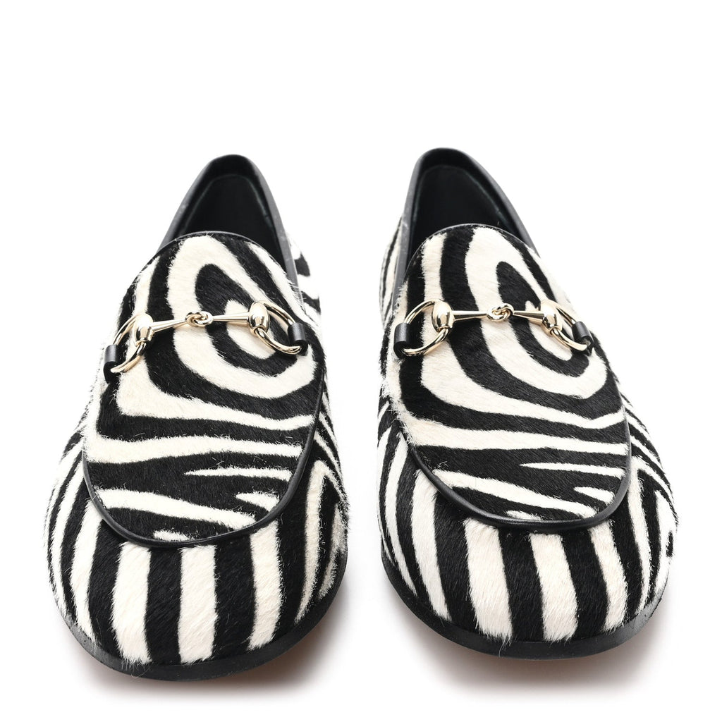 Gucci Pony Hair Zebra Print Womens Horsebit Moccasin Loafers 37.5 Black White