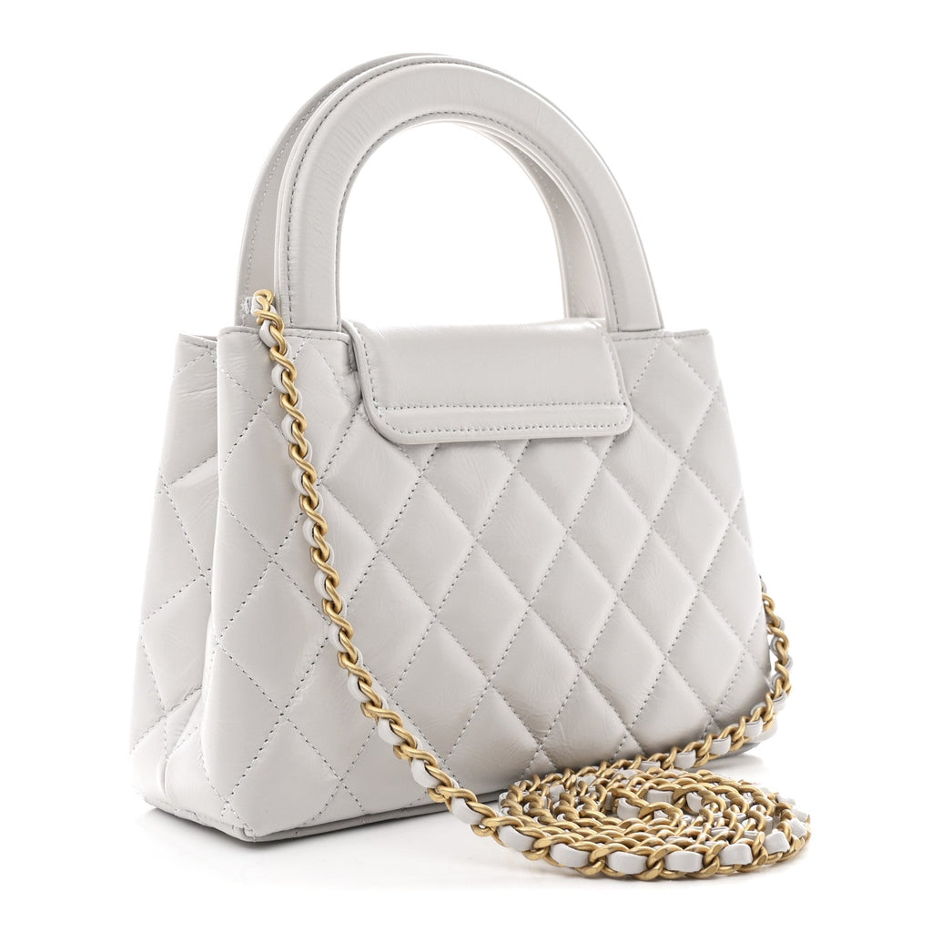 Chanel Shiny Aged Calfskin Quilted Nano Kelly Shopper Light Grey