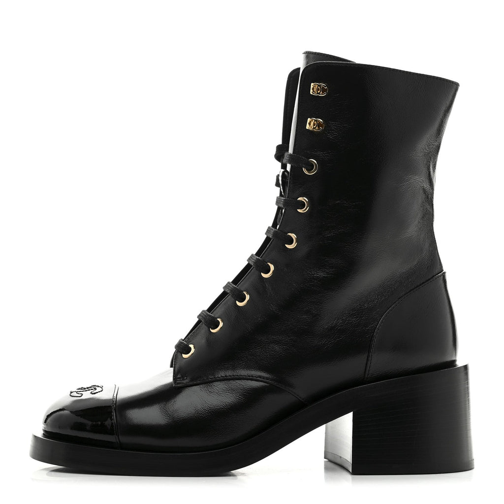 Chanel Shiny Calfskin Patent Cap Toe Lace Up Combat Boots 39 Black