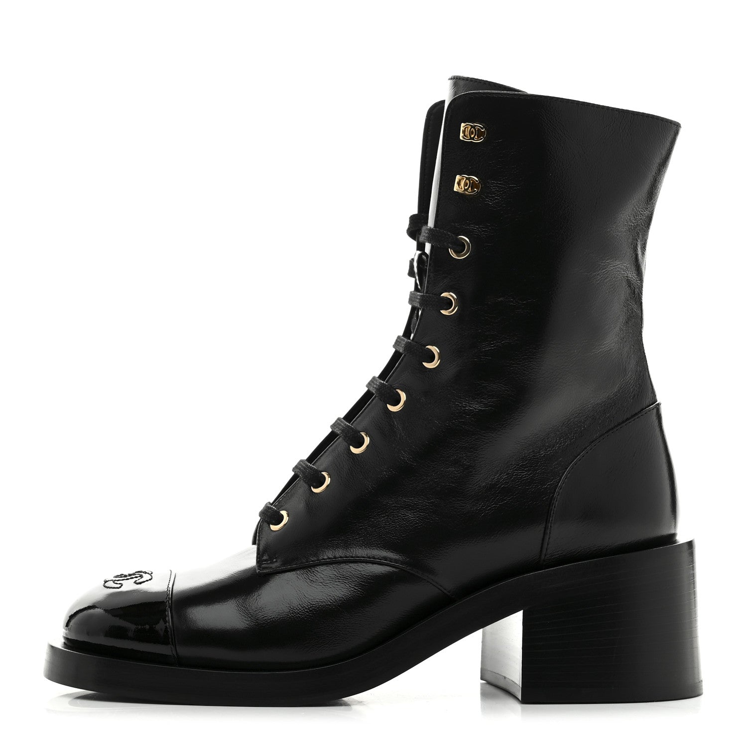 Chanel Shiny Calfskin Patent Cap Toe Lace Up Combat Boots 39 Black