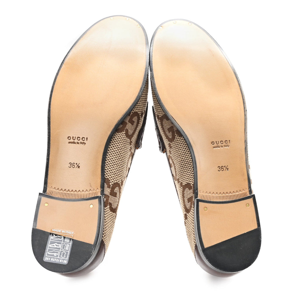 Gucci Monogram Jumbo GG Malaga Kid Horsebit Womens Jordaan Loafers 36.5 Beige Ebony New Acero
