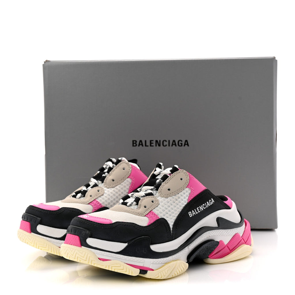 Balenciaga Fabric Mesh Womens Triple S Mule Sneakers 36 White Pink Black