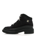 Chanel Suede Grained Calfskin CC Lace Up Boots 38 Black