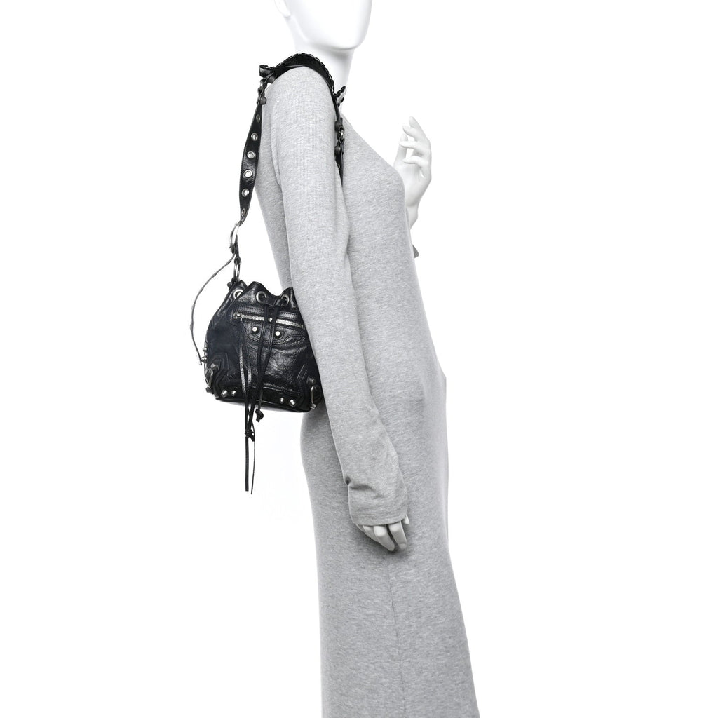 Balenciaga Agneau Arena Le Cagole Bucket Bag XS Black