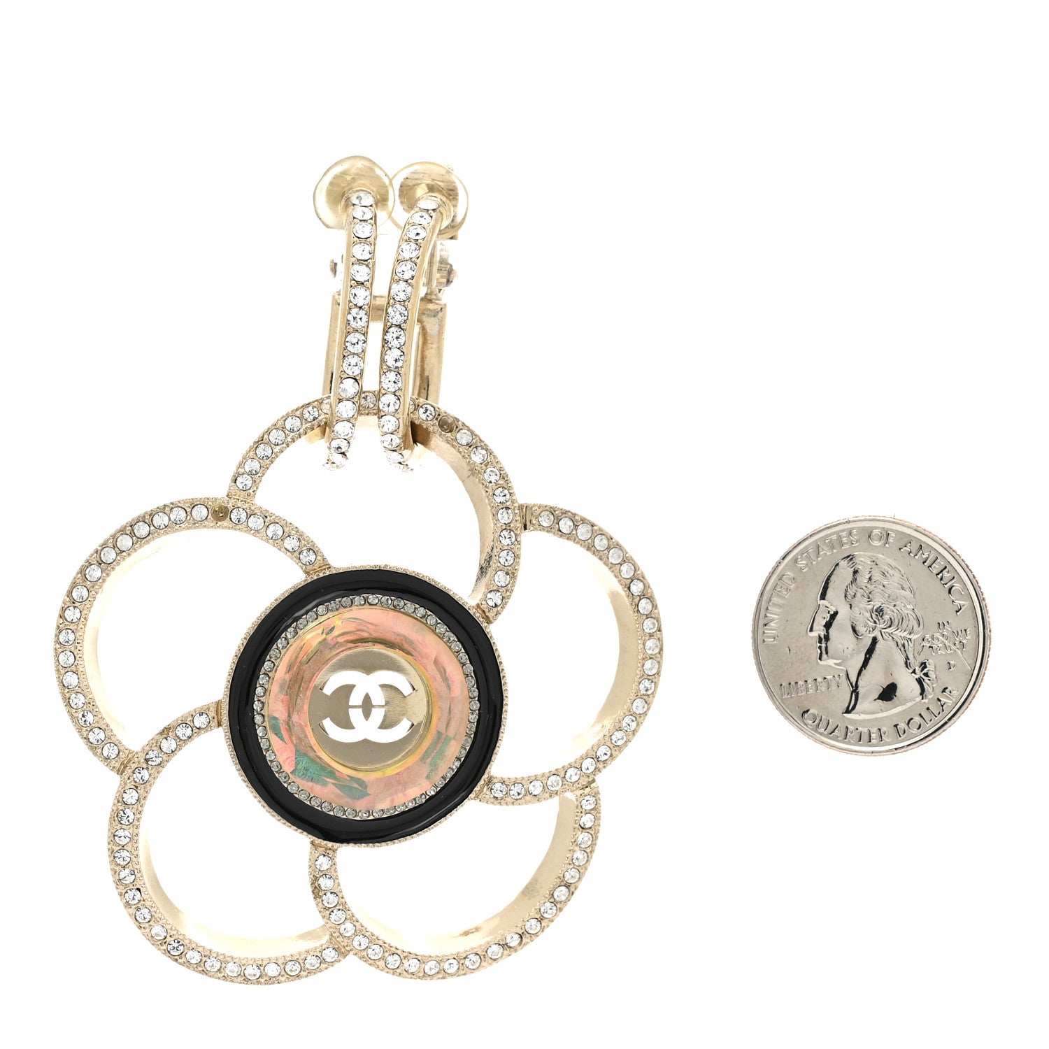 Chanel Resin Crystal CC Camellia Drop Single Clip On Earring Gold Black