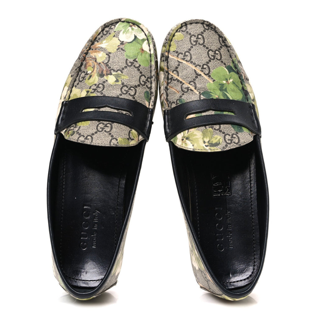 Gucci GG Supreme Monogram Blooms Mens Driver Loafers 7 Beige New Military Black