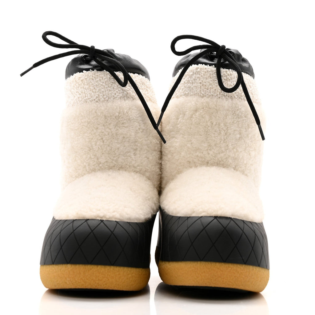 Chanel Tweed Shearling Sheepskin Drawstring Snow Ankle Boots 36 White
