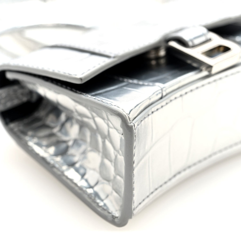 Balenciaga Metallic Calfskin Crocodile Embossed Hourglass Top Handle Bag Mini Silver