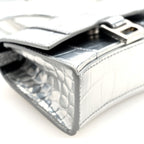 Balenciaga Metallic Calfskin Crocodile Embossed Hourglass Top Handle Bag Mini Silver