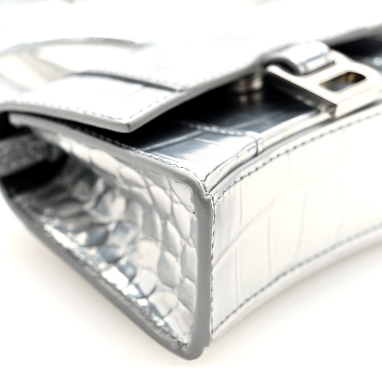 Balenciaga Metallic Calfskin Crocodile Embossed Hourglass Top Handle Bag Mini Silver