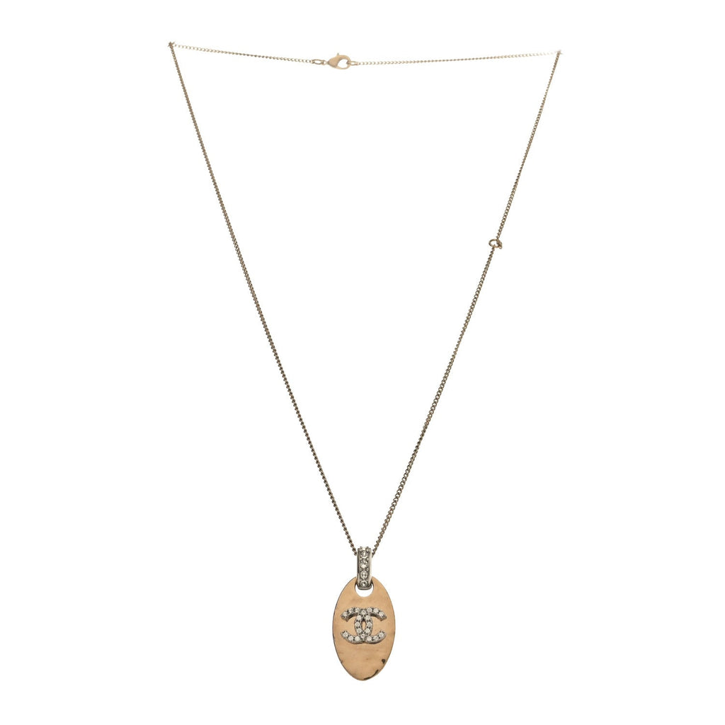 Chanel Crystal CC Oval Tag Pendant Necklace Gold