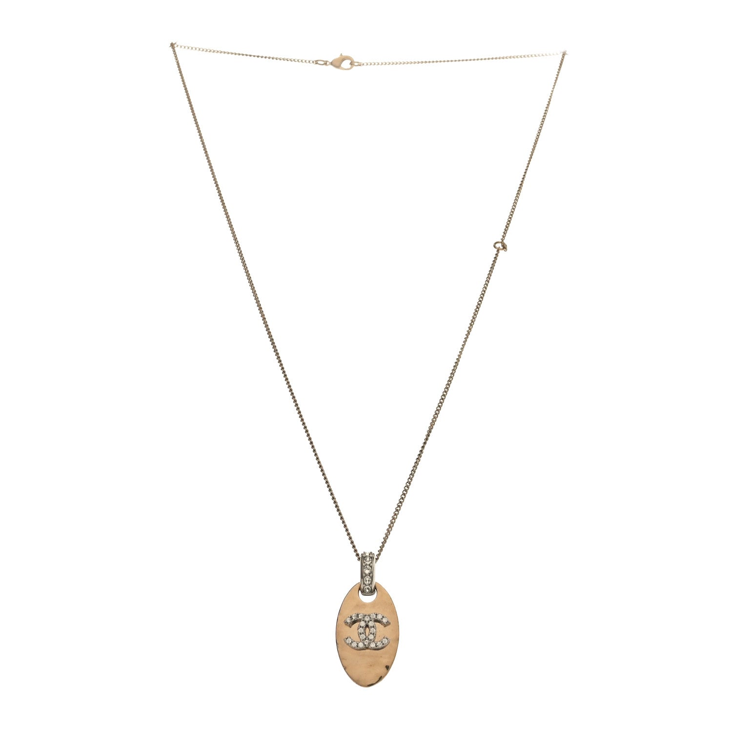Chanel Crystal CC Oval Tag Pendant Necklace Gold