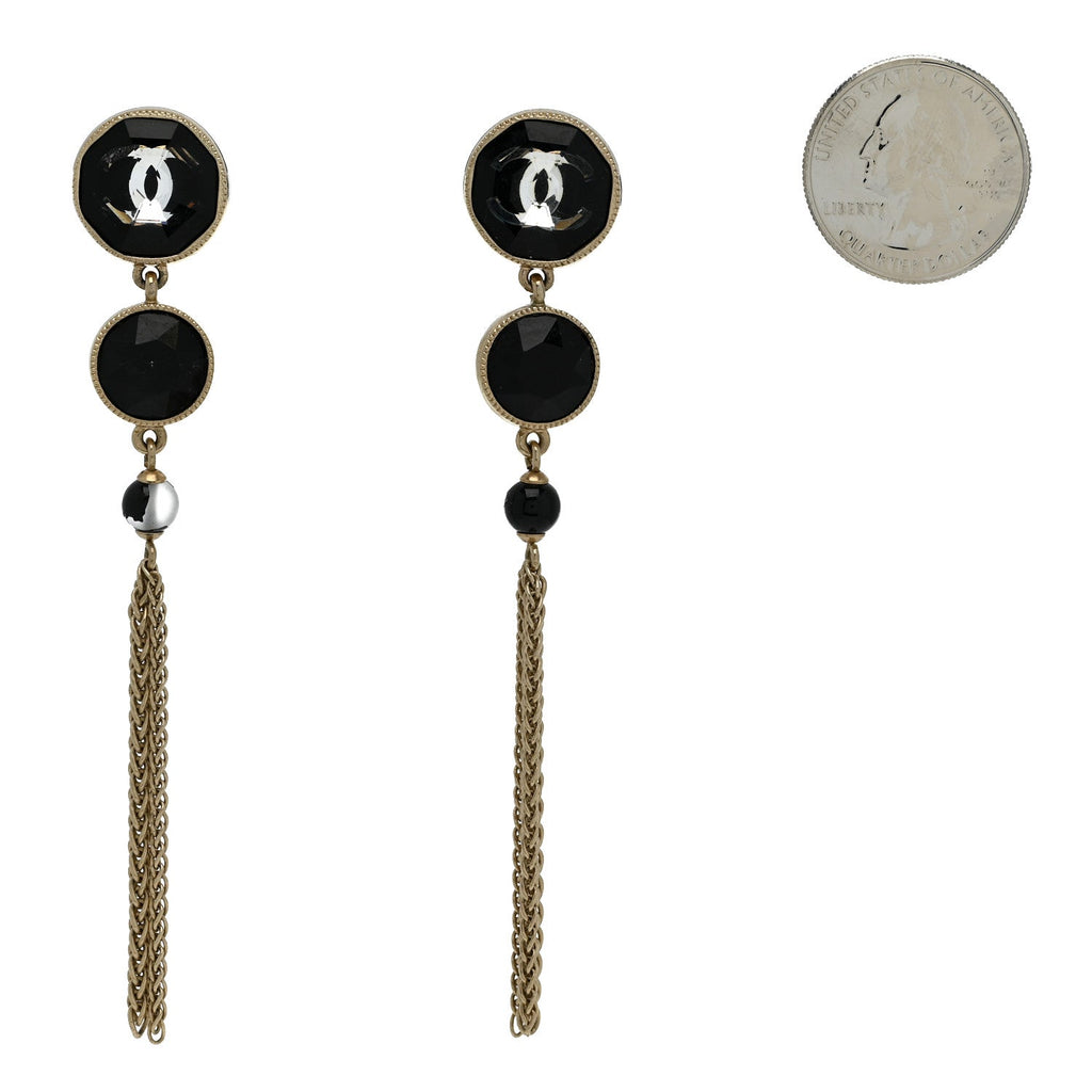 Chanel Crystal CC Chain Tassel Drop Earrings Gold Black