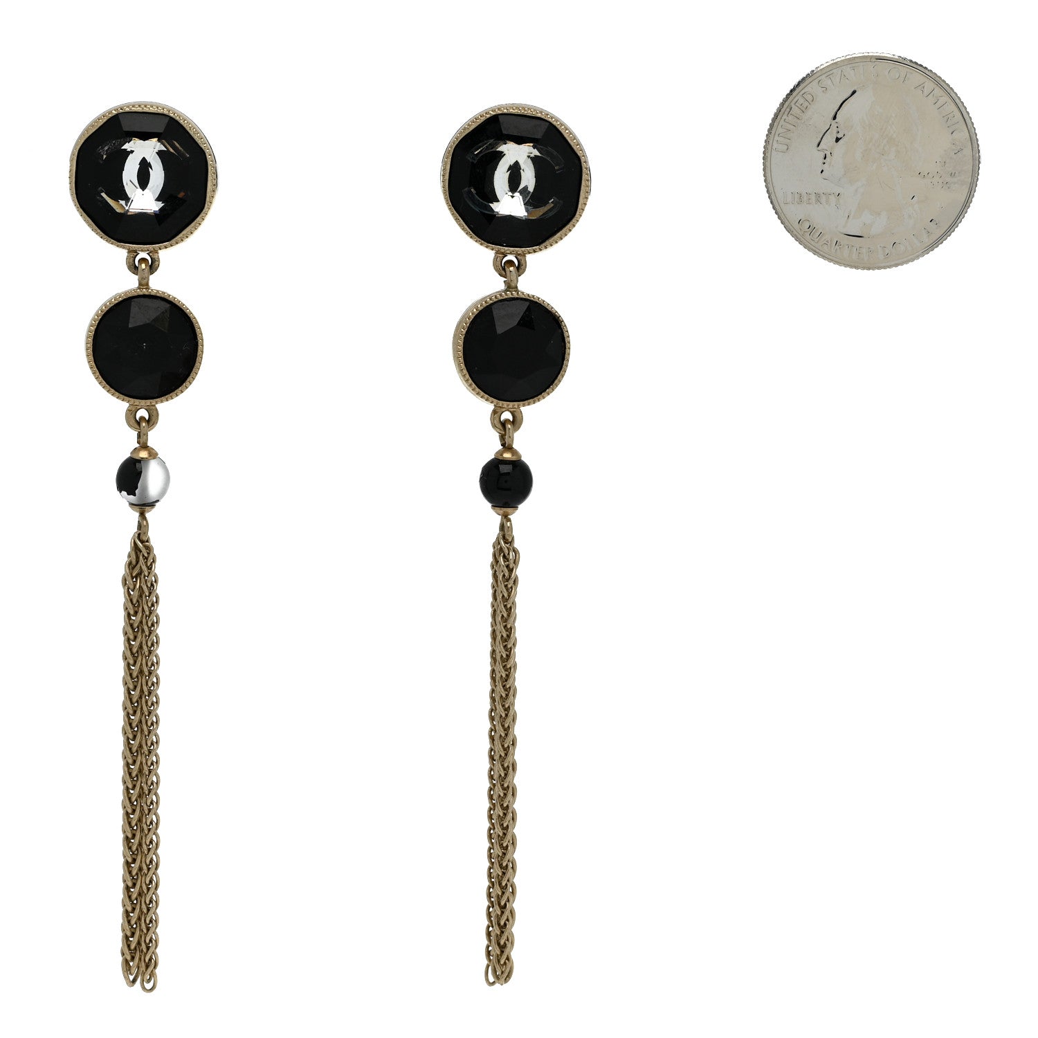 Chanel Crystal CC Chain Tassel Drop Earrings Gold Black