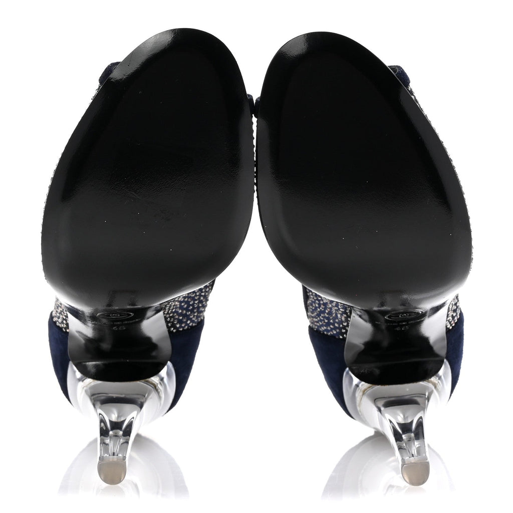 Chanel Mesh Crystal Open Toe Ankle Boots 40 Navy
