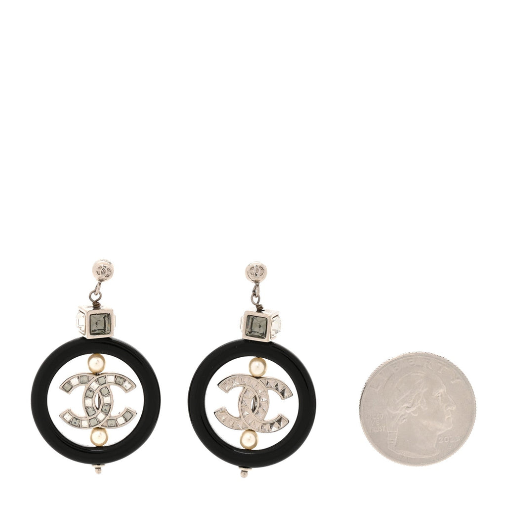 Chanel Metal Resin Crystal Pearl CC Drop Earrings Black Silver