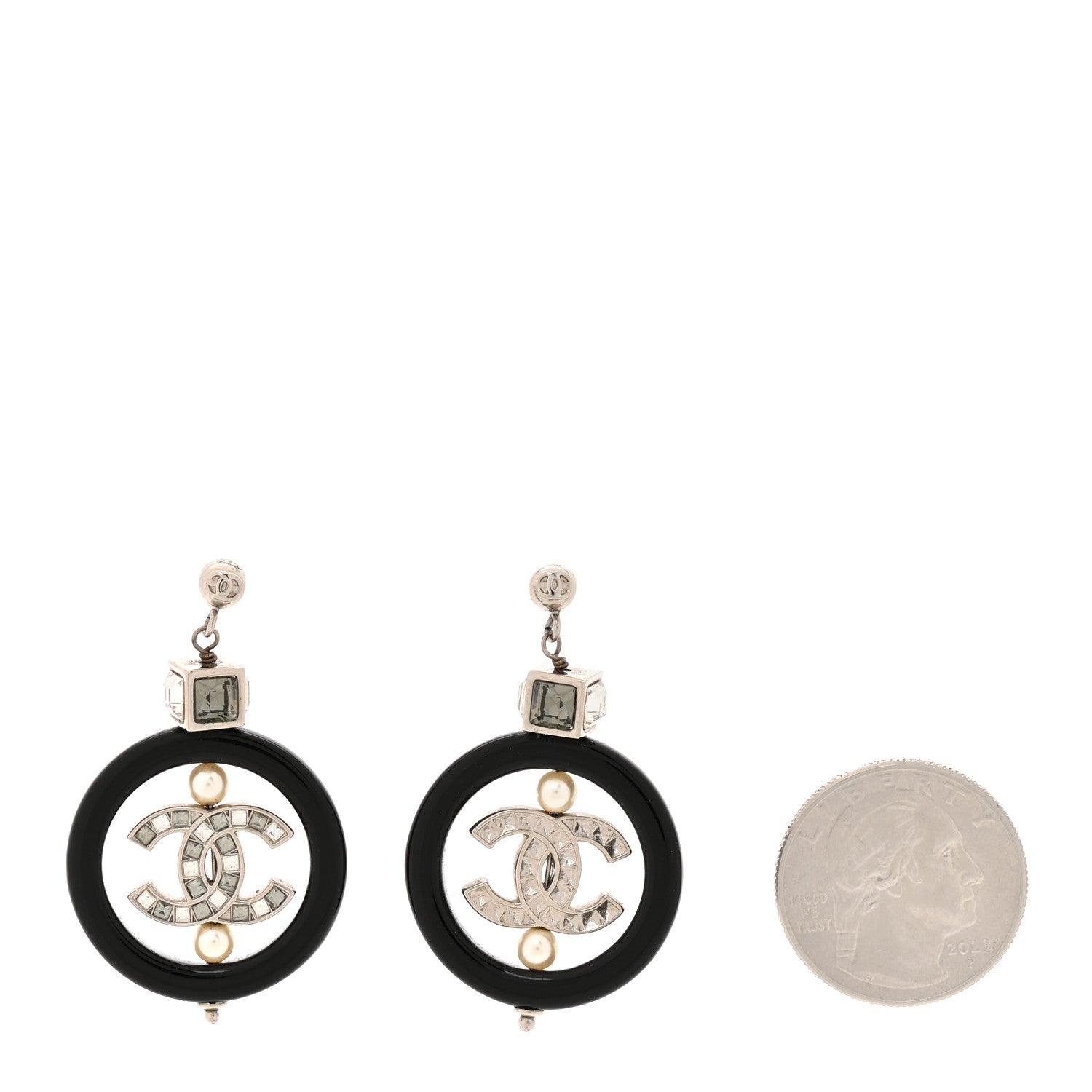 Chanel Metal Resin Crystal Pearl CC Drop Earrings Black Silver