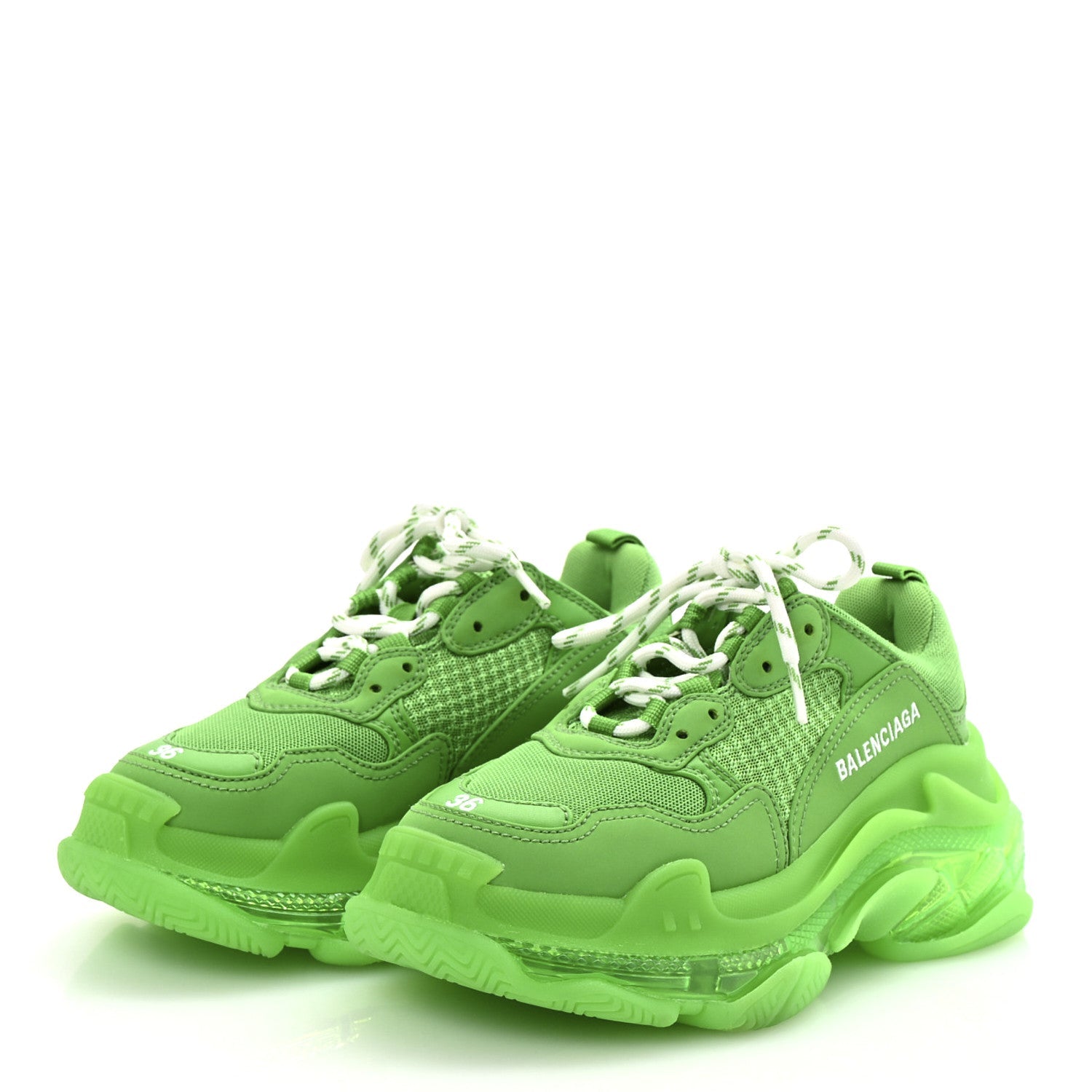 Balenciaga Fabric Mesh Clear Sole Womens Triple S Sneakers 36 Fluo Green