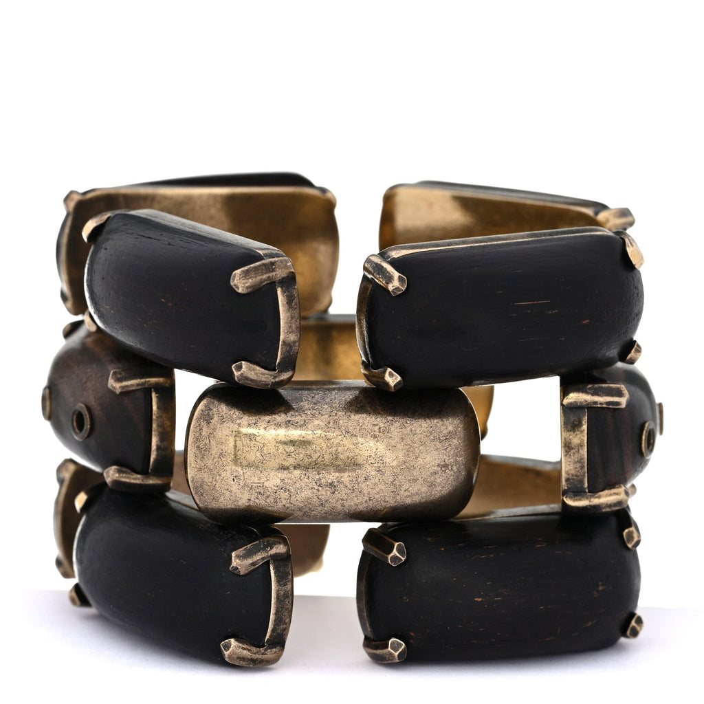 Saint Laurent Metal Wood Rivet Bangle Bracelet S Bronze Marron