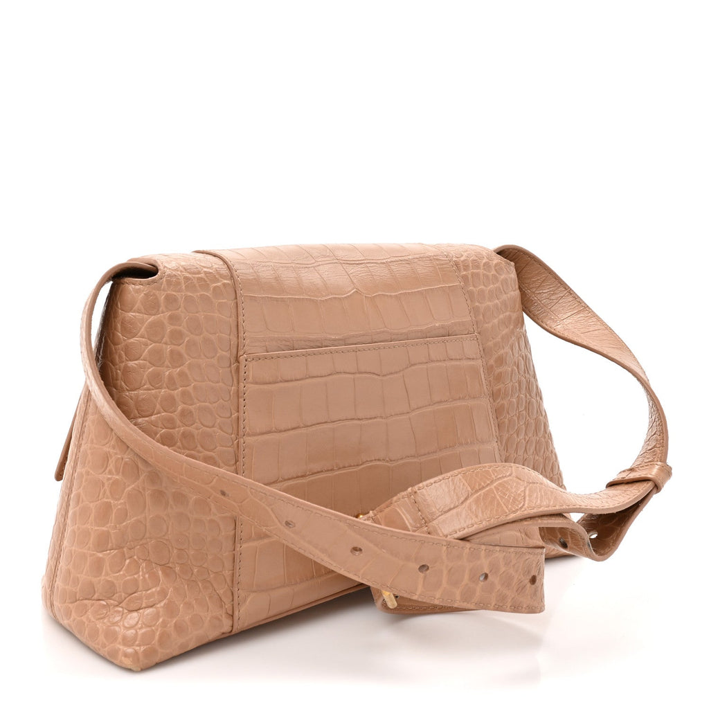 Balenciaga Extra Supple Calfskin Crocodile Embossed Small Downtown Shoulder Bag Nude Beige