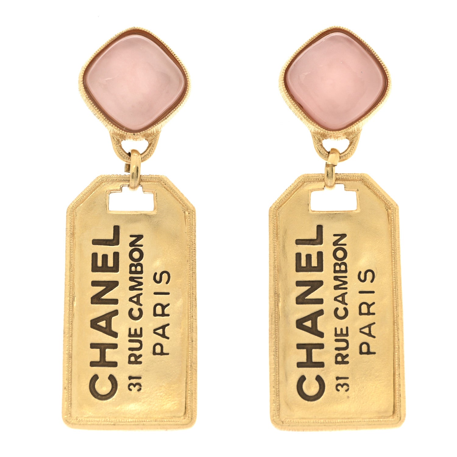 Chanel Metal CC Tags Drop Earrings Gold Pink