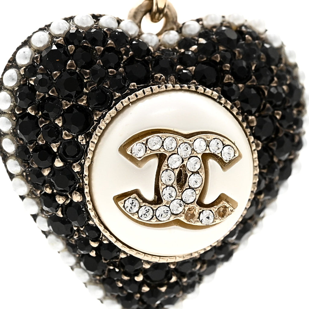Chanel Pearl Crystal CC Heart Necklace Gold Pearly White Black