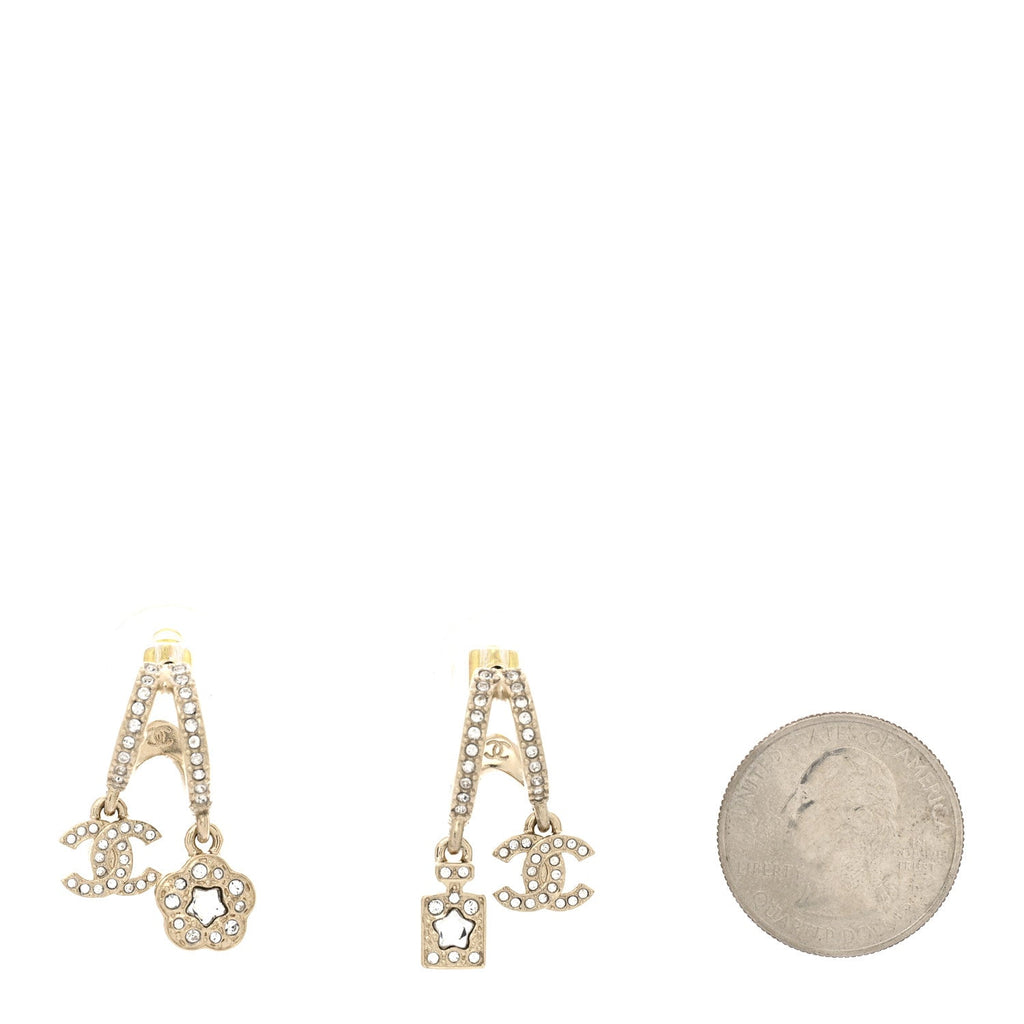 Chanel Crystal CC Camellia Perfume Bottle Double Hoop Earrings Gold