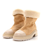 Chanel Suede Shearling Cap Toe Short Boots 38 Beige