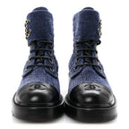 Chanel Shiny Calfskin Velvet Quilted Lace Up Combat Boots 38.5 Blue Black