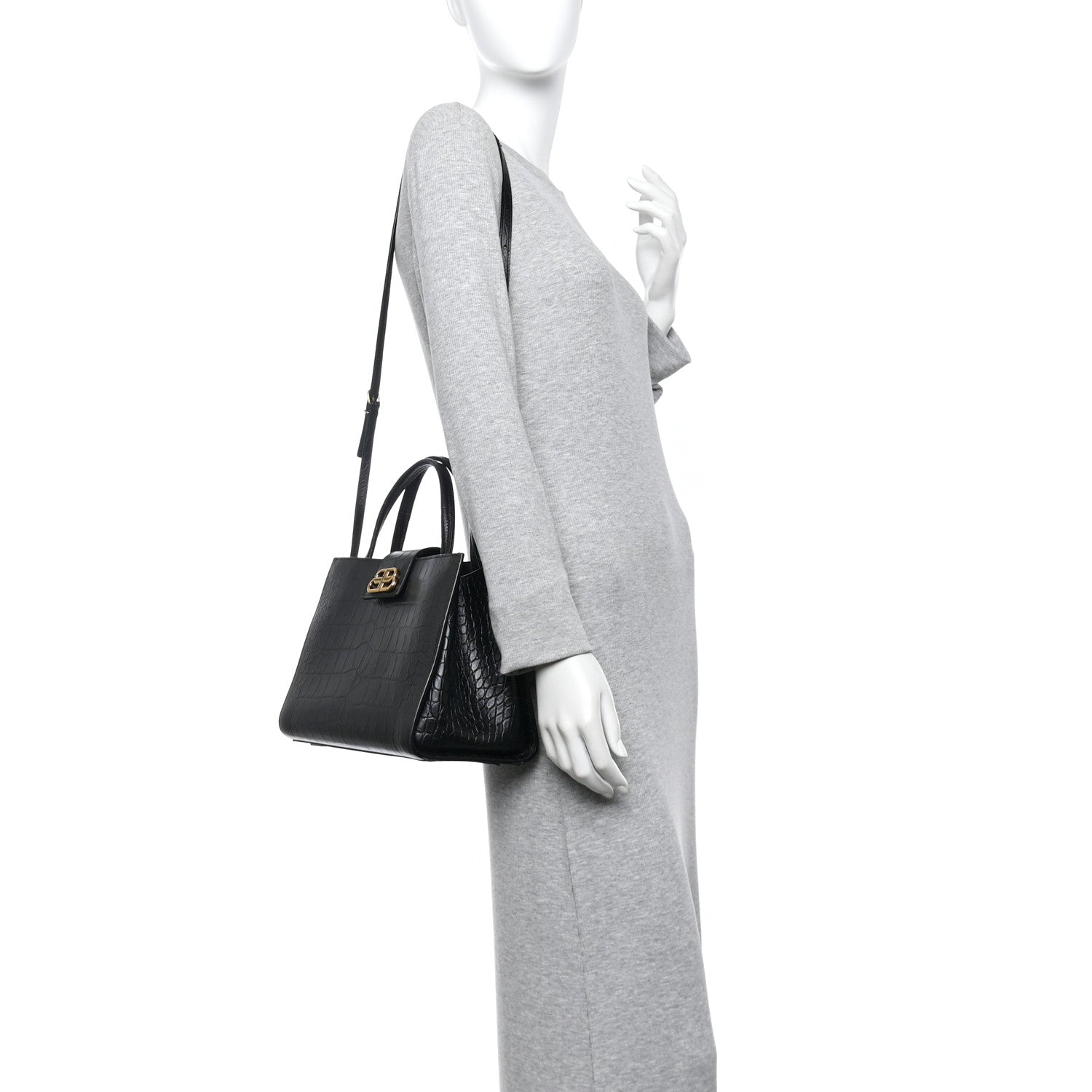 Balenciaga Calfskin Crocodile Embossed Medium Sharp Tote Black
