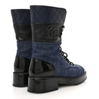 Chanel Fabric Patent Lambskin Quilted CC Lace Up Combat Boots 37 Navy Blue Black