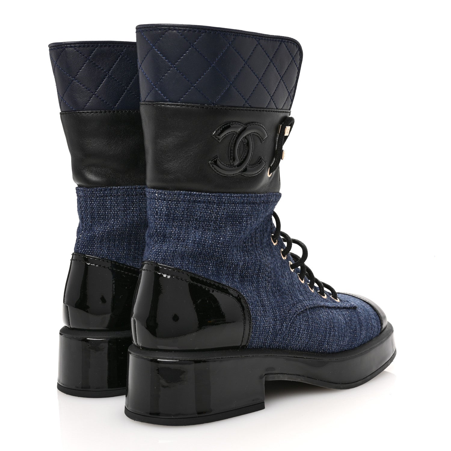 Chanel Fabric Patent Lambskin Quilted CC Lace Up Combat Boots 37 Navy Blue Black