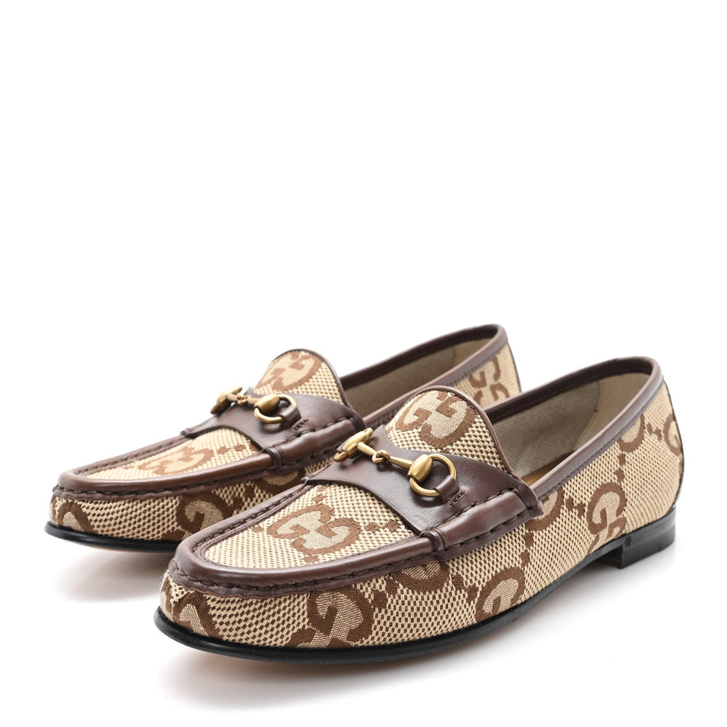Gucci Monogram Jumbo GG Malaga Kid Horsebit Womens Jordaan Loafers 36.5 Beige Ebony New Acero