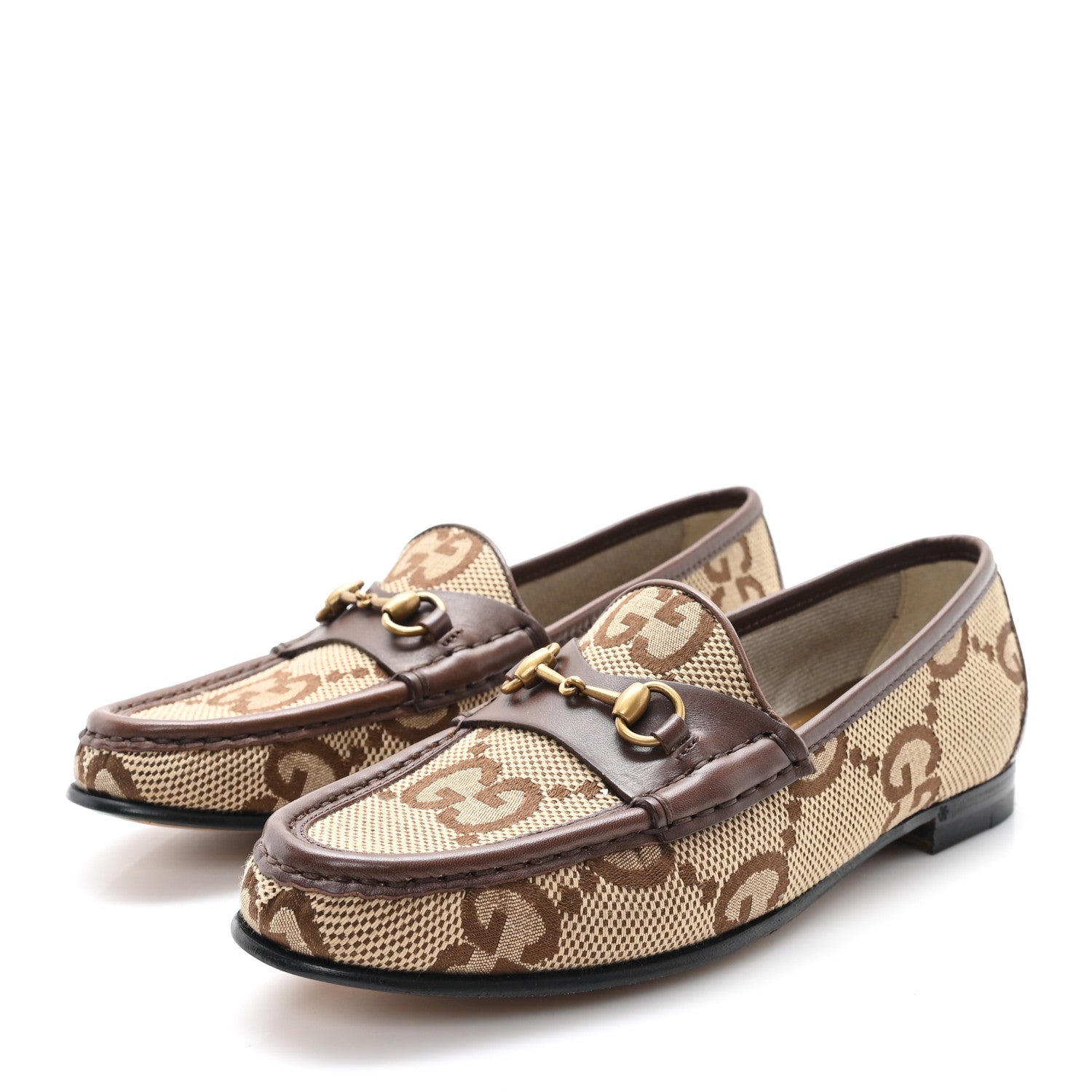Gucci Monogram Jumbo GG Malaga Kid Horsebit Womens Jordaan Loafers 36.5 Beige Ebony New Acero