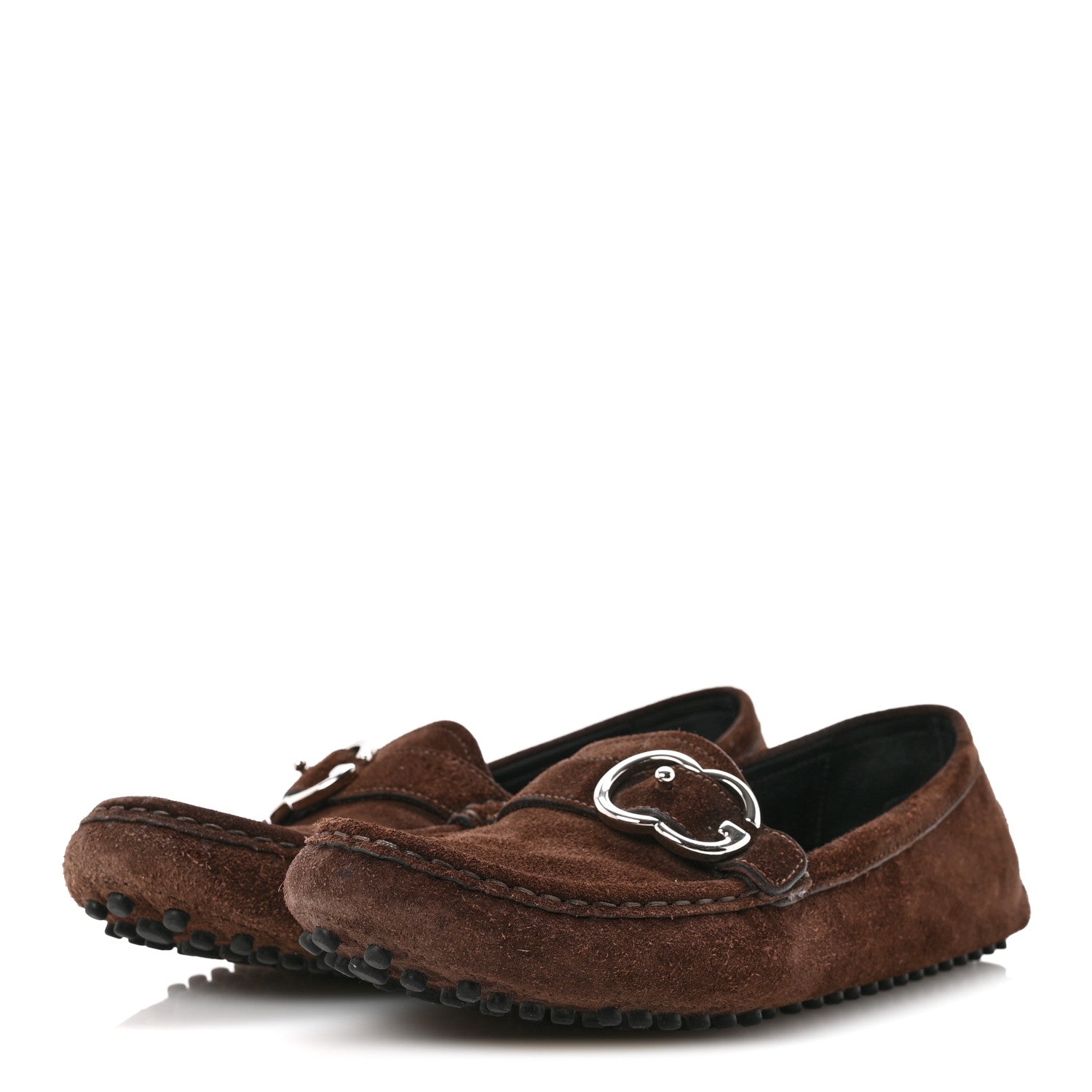Gucci Suede GG Buckle Driver Loafers 38.5 Brown
