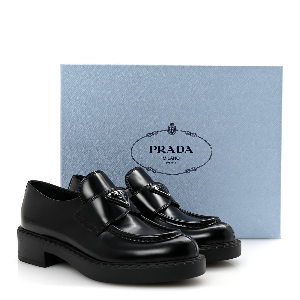 Prada Spazzolato Metal Triangle Logo 50mm Loafers 36.5 Black
