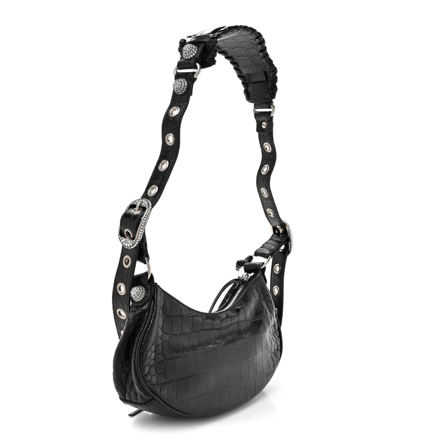 Balenciaga Extra Supple Calfskin Crystal Crocodile Embossed Le Cagole Shoulder Bag XS Black
