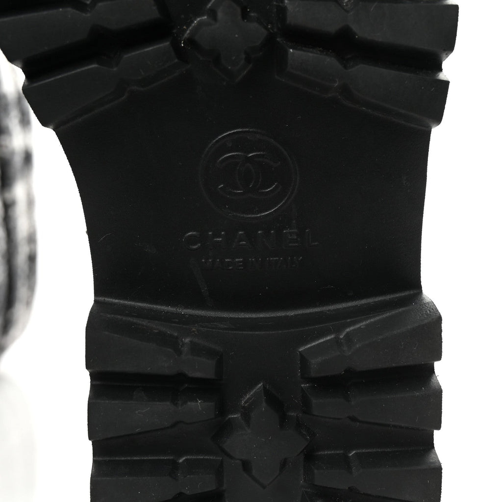 Chanel Calfskin Tweed Nylon Printed Boots 38 Black