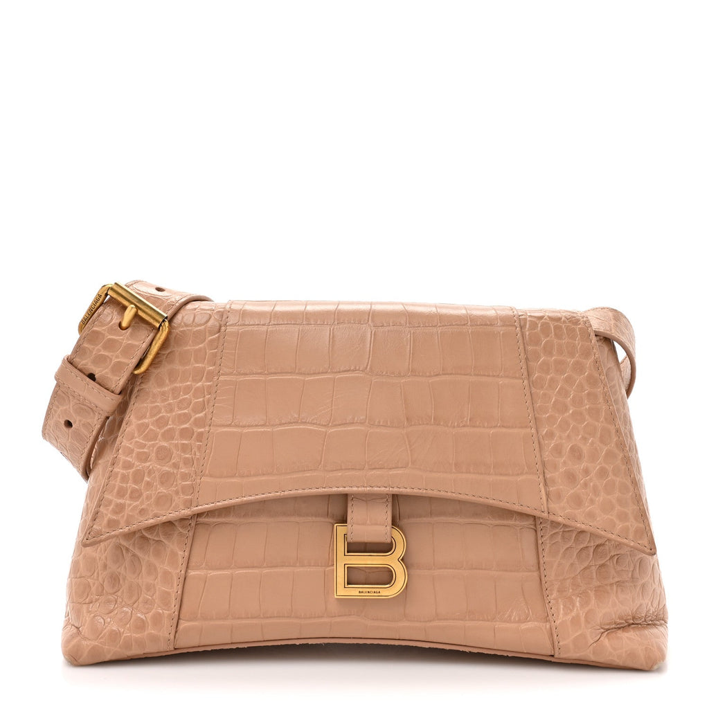 Balenciaga Extra Supple Calfskin Crocodile Embossed Small Downtown Shoulder Bag Nude Beige