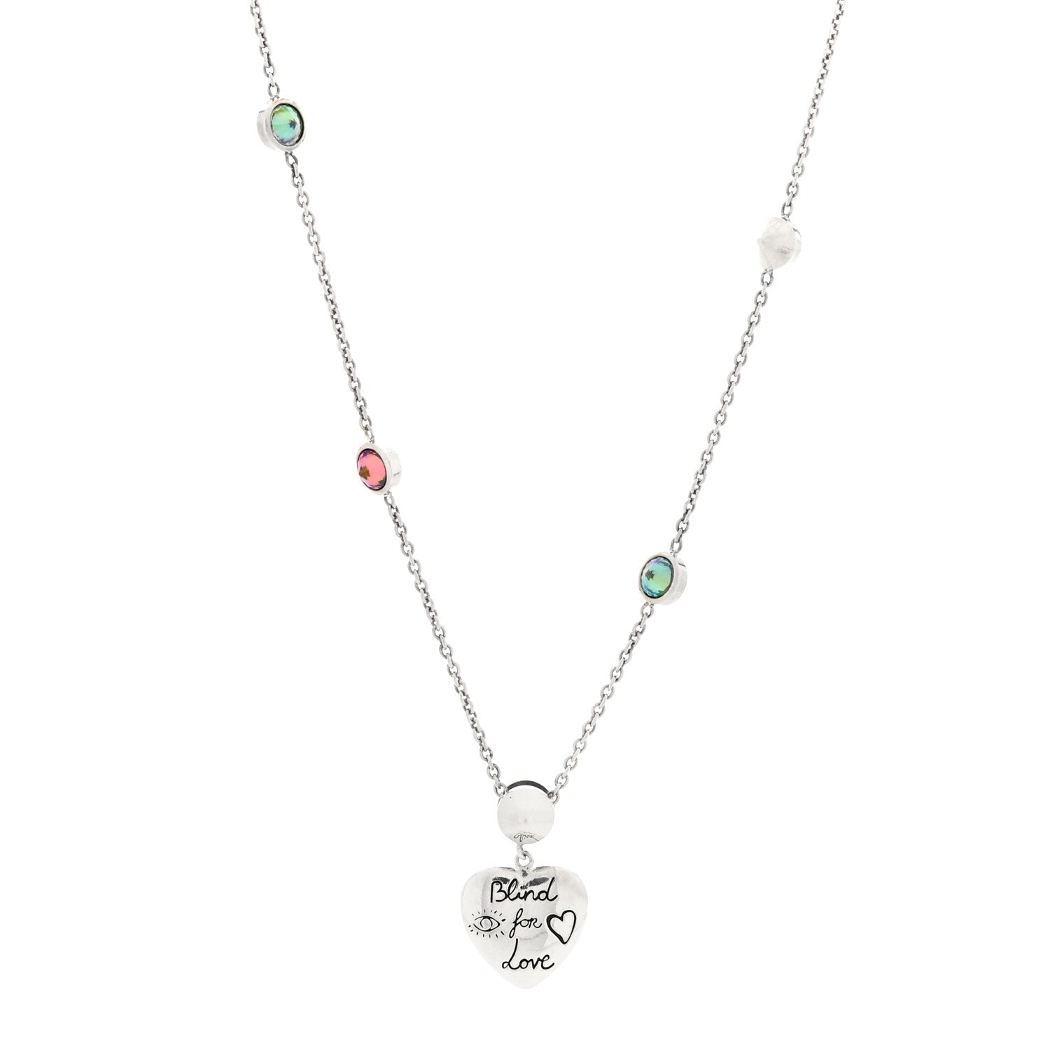 Gucci Sterling Silver Cubic Zirconia Blind For Love Pendant Necklace Pink Blue