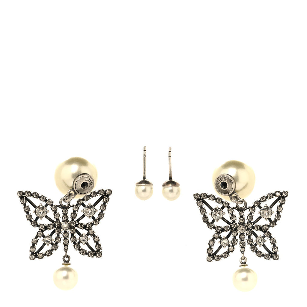 Christian Dior Crystal Pearl Butterfly Drop Earrings Silver