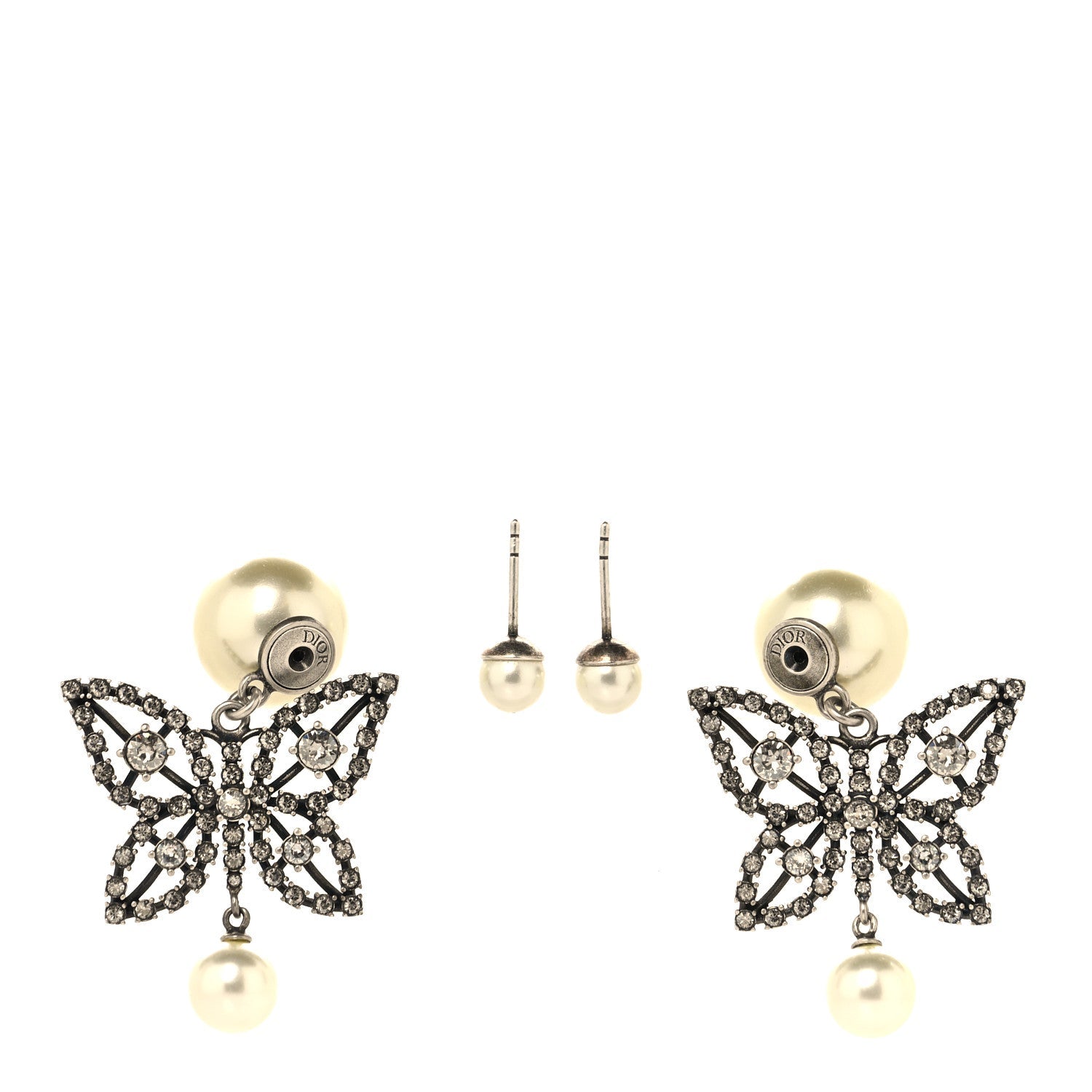 Christian Dior Crystal Pearl Butterfly Drop Earrings Silver