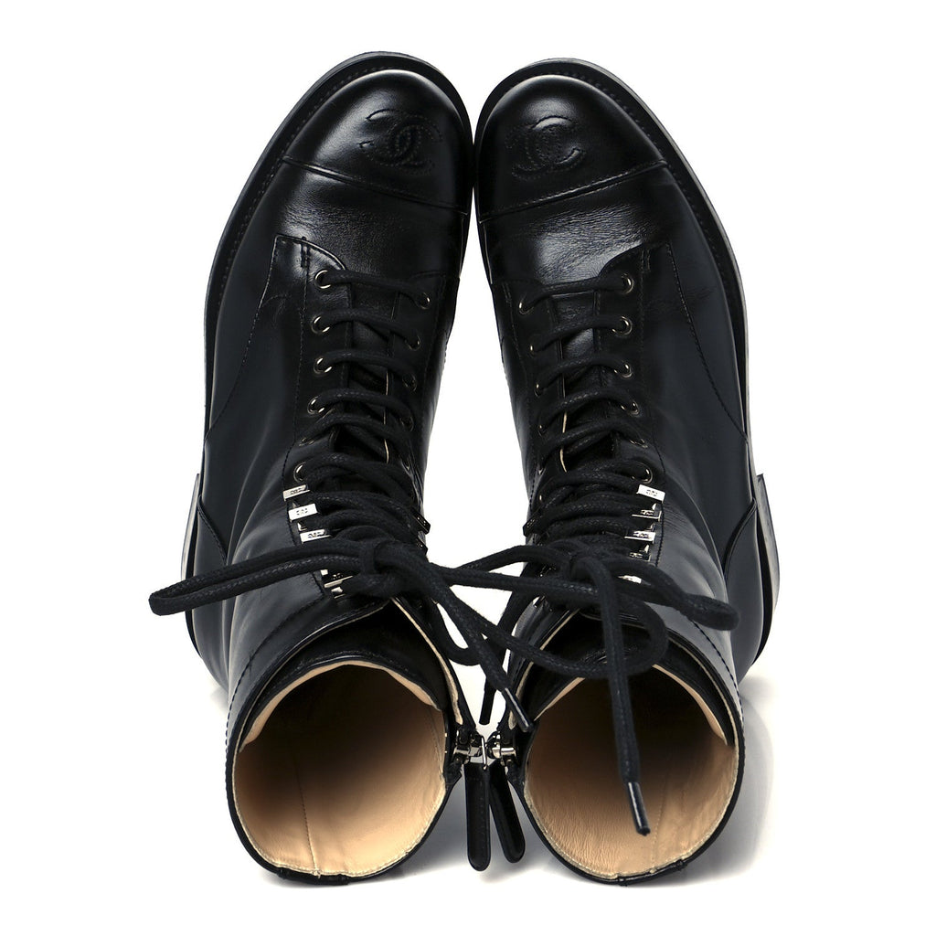 Chanel Calfskin Lace Up Combat Boots 38 Black