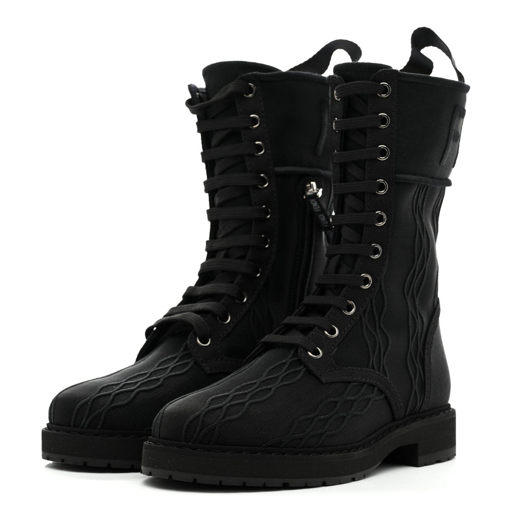 Fendi Mesh Canvas Embroidered Womens Lace Up Boots 36 Black