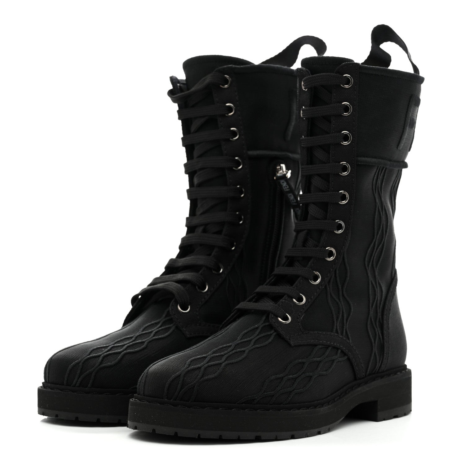 Fendi Mesh Canvas Embroidered Womens Lace Up Boots 36 Black