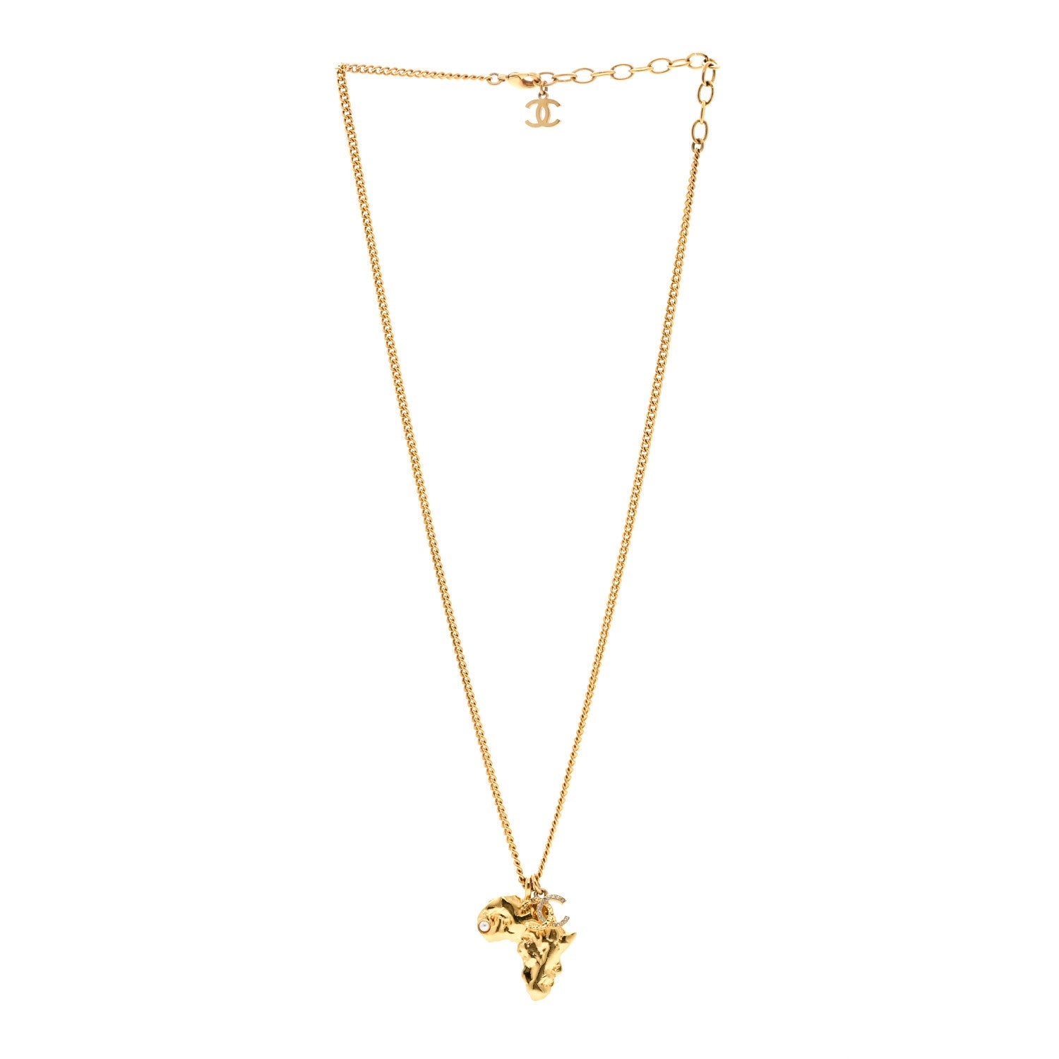 Chanel Crystal Pearl CC Africa Pendant Necklace Gold White