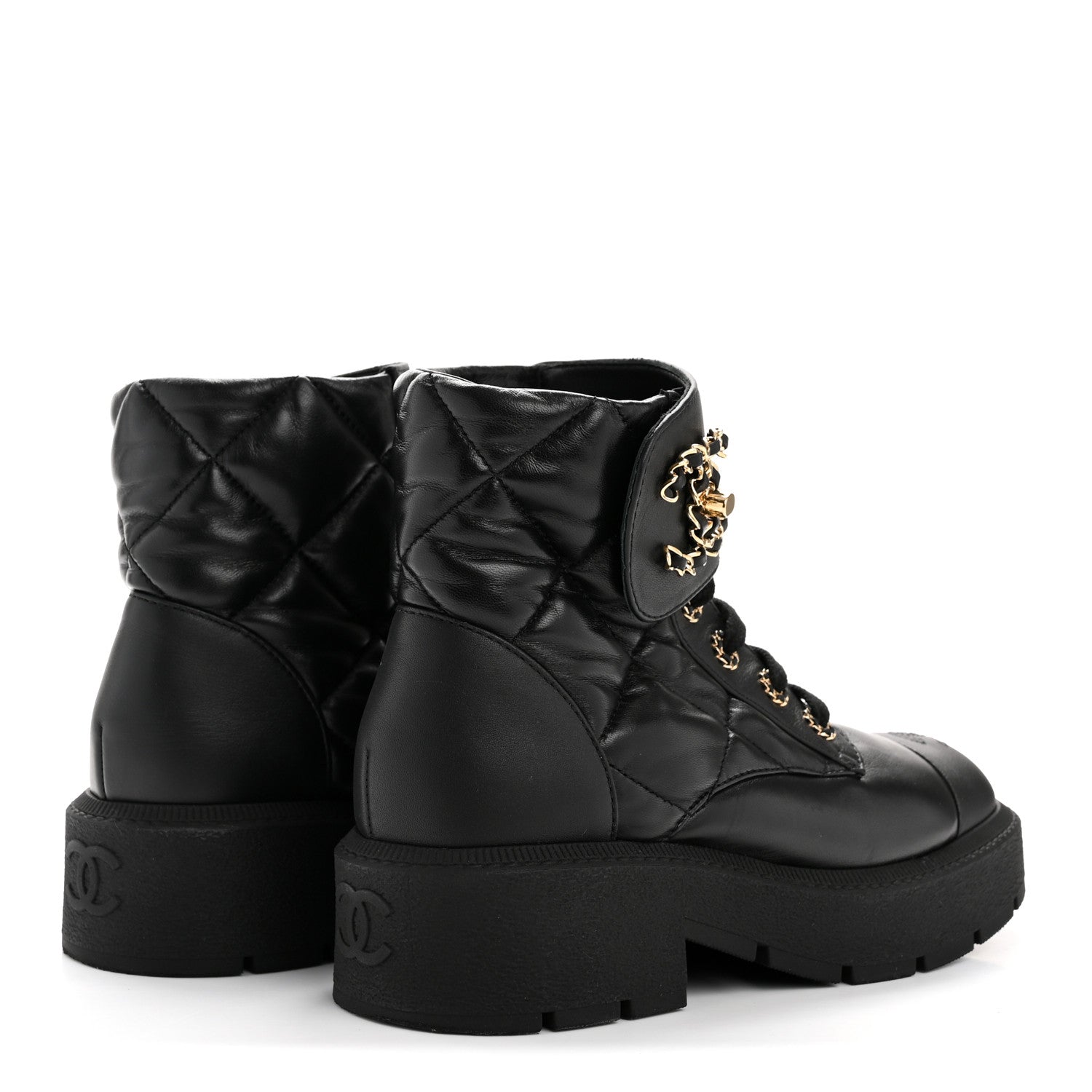 Chanel Lambskin Calfskin Quilted Lace Up Combat Boots 38 Black