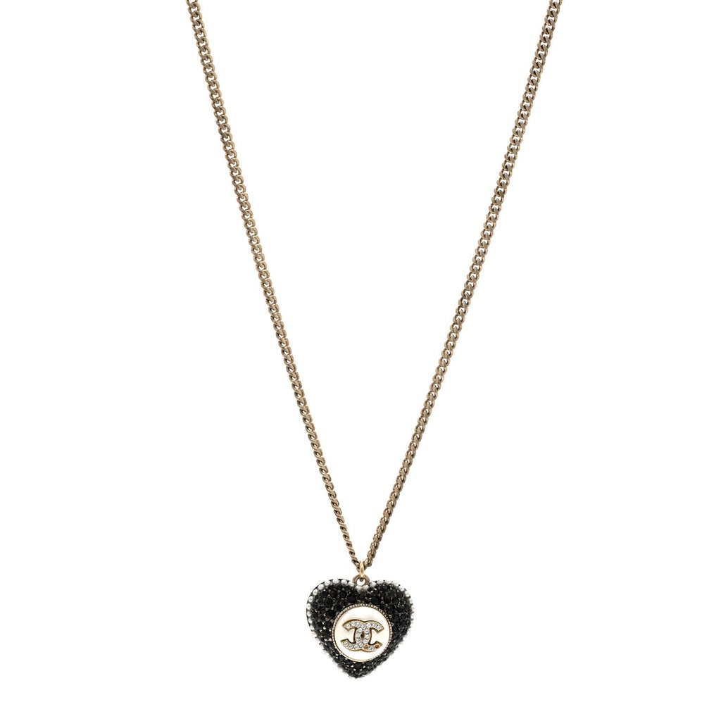 Chanel Pearl Crystal CC Heart Necklace Gold Pearly White Black