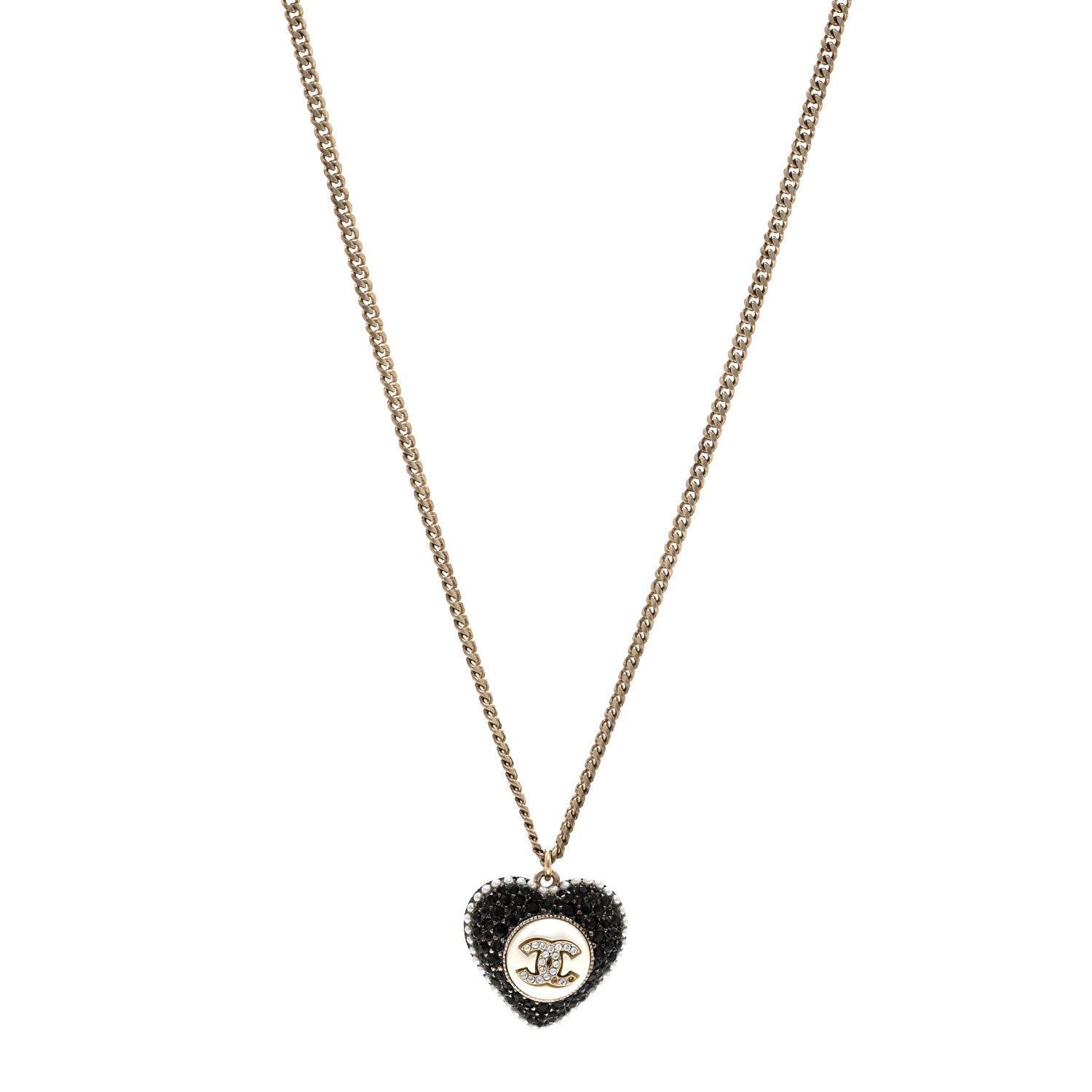 Chanel Pearl Crystal CC Heart Necklace Gold Pearly White Black