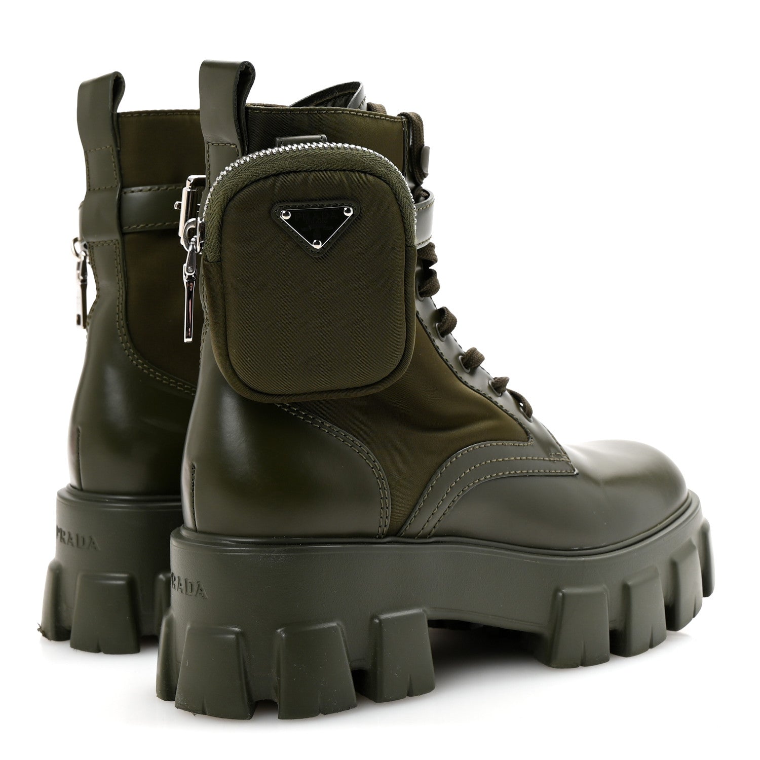 Prada Spazzolato Rois Re-Nylon Metal Triangle Logo Monolith Pouch Pocket 55mm Boots 37.5 Militare